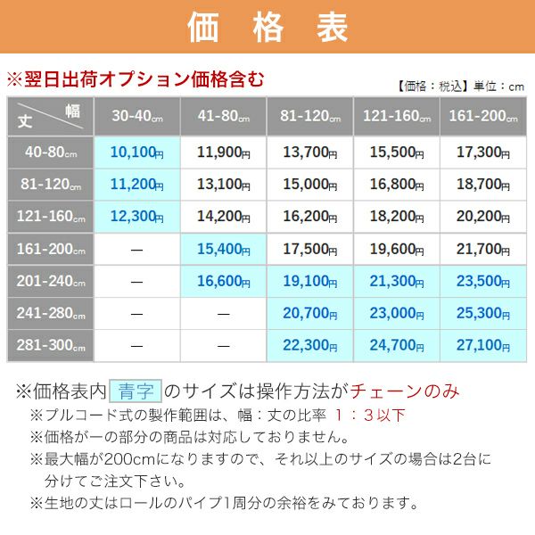 翌日出荷遮光１級・遮熱ロールスクリーンの価格表