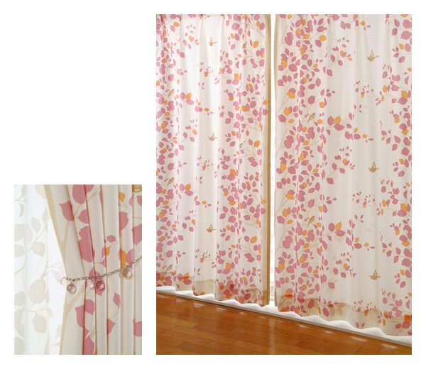 既製カーテン　「ティンバー」　北欧柄のピンク　ビーズタッセル付　幅100cmｘ丈200cm(2枚入り)のサムネイル画像